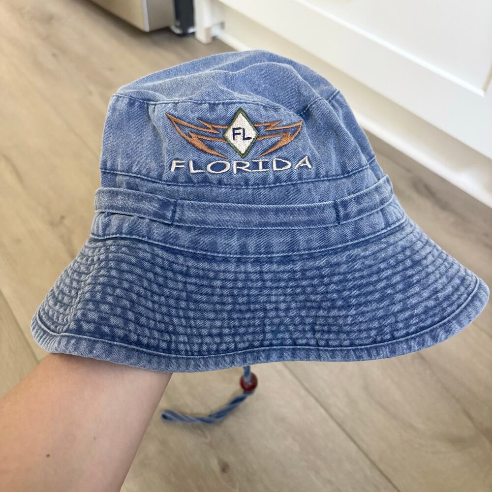 Vintage Denim Bucket Hat Florida with bead drawstring Womens' XS/ Small